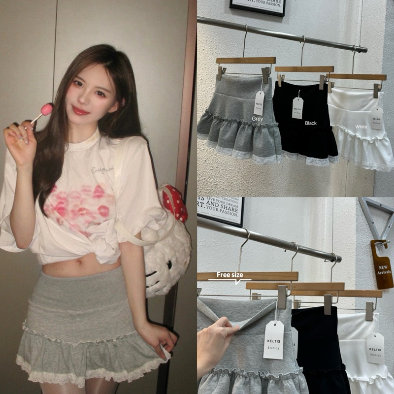 301# Gang_jeans#301(K)กระโปรงเอวเรียบ สีพื้น แต่งปลายระบายลูกไม้