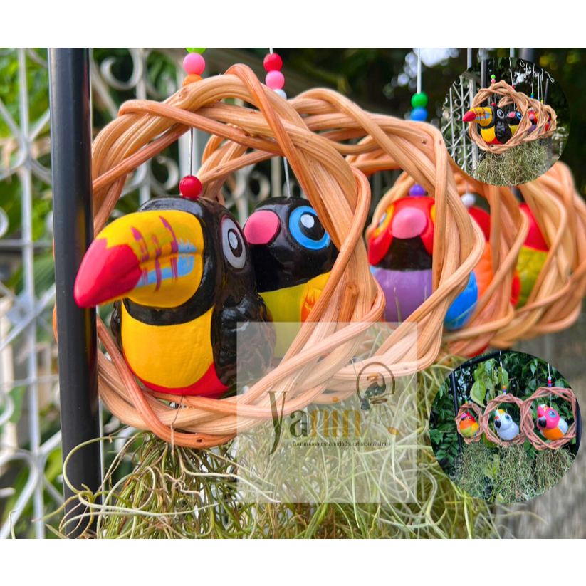 โมบายตุ๊กตานกเซรามิก ห่วงไม้หวายจริงใส่ต้นหนวดฤาษี(ไม่แถมต้นไม้)