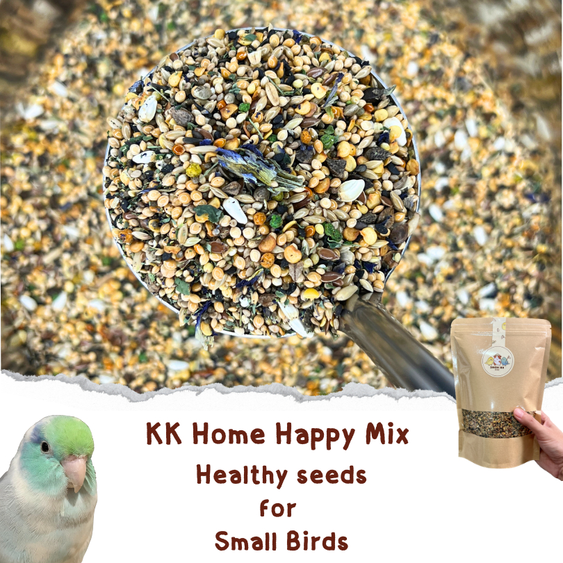 KK Home Happy Mix Healthy seeds for Small Birds อาหารหลักสำหรับนกแก้วขนาดเล็กเช่น นกแก้วฟอพัส เลิฟเบิร์ด และหงส์หยก
