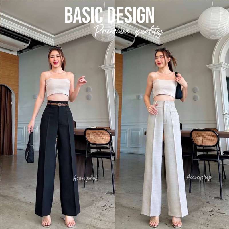 Acasey กางเกงขายาวผู้หญิง ขากระบอกซิปหน้า ผ้าสโนว์ เป๋าเจาะ