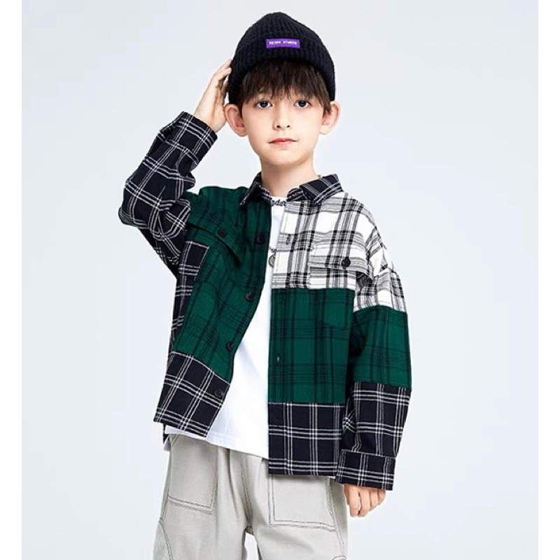เสื้อเชิ้ตทรงโอเว่อร์ไซส์เด็กผู้ชายลายสก๊อต