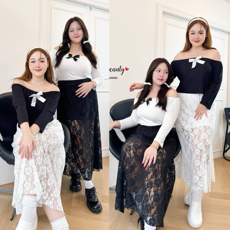 กระโปรงยาว ผ้าลูกไม้ซีทรู กระโปรงสาวอวบ เอว34-48นิ้ว Freesize