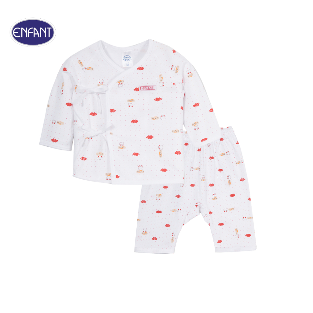 ENFANT (อองฟองต์) ชุดเสื้อป้ายผูกแขนยาว + กางเกงขายาว สำหรับเด็กอายุ 0-3 เดือน ลายหมีก้อนเมฆ ผ้าคอตตอน 100%