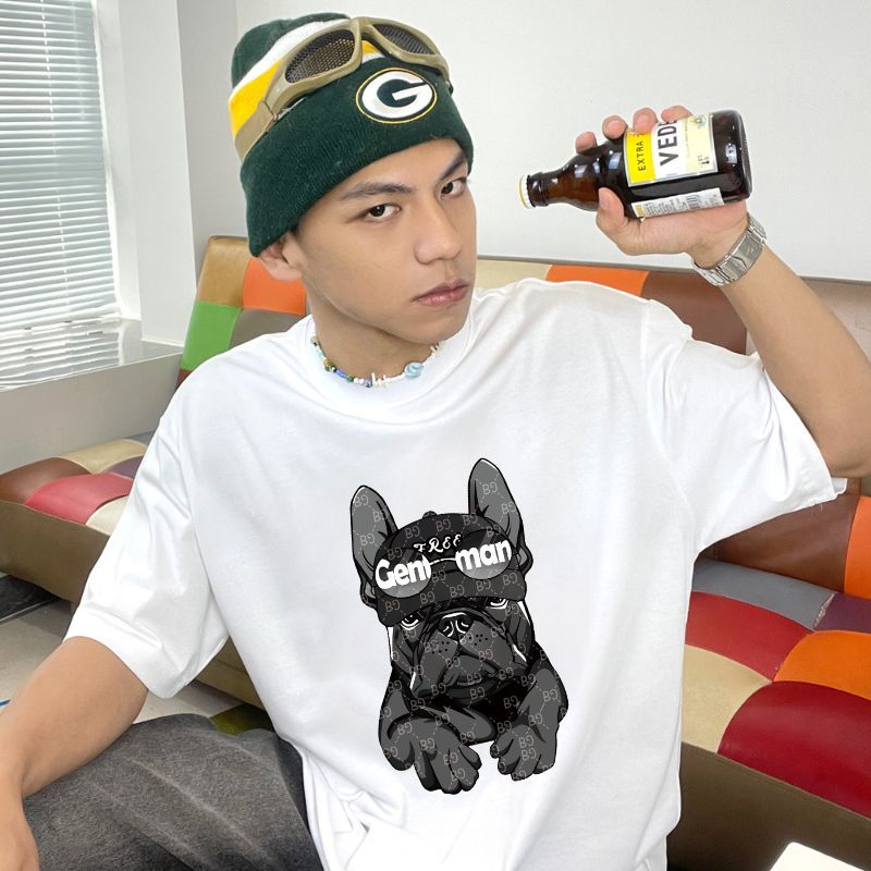 Y-T เสื้อโอเวอร์ไซส์ ผ้าฝ้ายแท้ ไม่จำกัดเพศ ผ้านุ่ม ไม่หดตัว คอกลม ลายพิมพ์ “ลูกสุนัข” สุดเท่