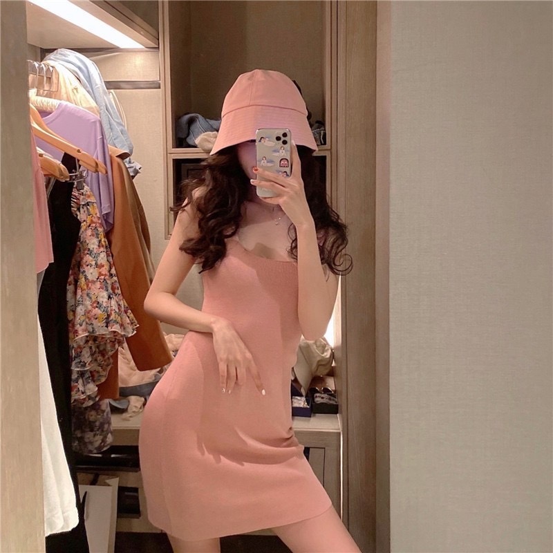 ใหม่ถักเสื้อกั๊กกระโปรงผู้หญิงฤดูใบไม้ร่วง Fit Slim แสดงผอมไหปลาร้าคอสแควร์กระเป๋าสะโพกเชือกแขวนคอแต่งตัว Trend