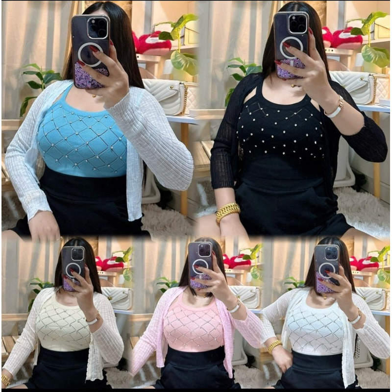 เสื้อเซตสายเดี่ยวรีดเพชรใสพร้อมเสื้อคลุมตาข่ายบาง อก“32-40”
