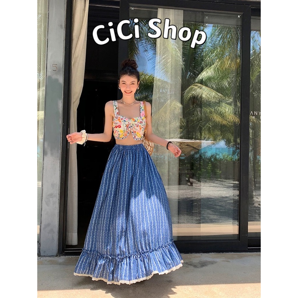 Cicishop (626) กระโปรงยาวลายริ้วยาว เอวสม๊อค ดีเทลต่อชายแต่งระบาย สไตล์สาวหวาน