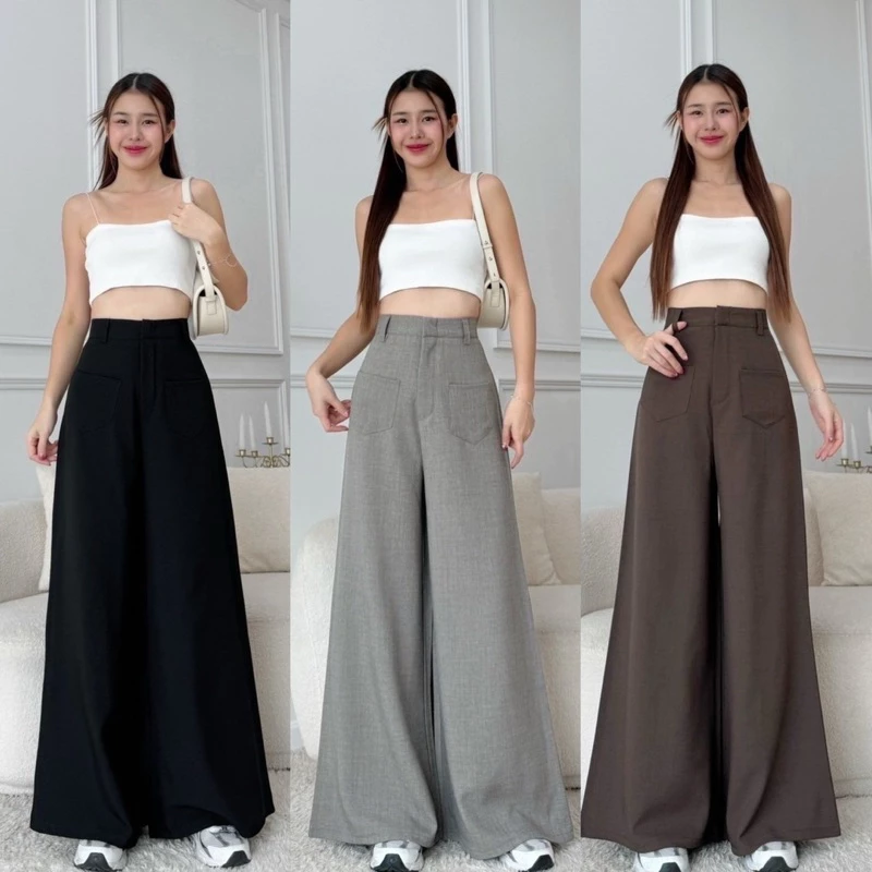 พร้อมส่ง!! XS-3XL กางเกงขายาวเอวสูง ทรงขากว้าง ดีเทลแต่งกระเป๋าหน้า รุ่นนี้ใส่แล้วดูเพรียวขายาว(กระเป๋าแปะ)