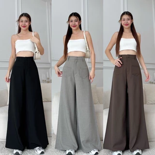 พร้อมส่ง!! XS-3XL กางเกงขายาวเอวสูง ทรงขากว้าง ดีเทลแต่งกระเป๋าหน้า รุ่นนี้ใส่แล้วดูเพรียวขายาว(กระเป๋าแปะ)