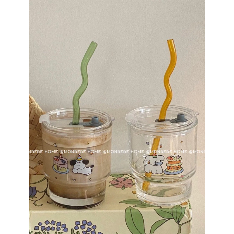 พร้อมส่ง แก้วน้ำ แก้วกาแฟ insลายสุนัขเค้กวันเกิด มีฝาหลอด เหมาะสำหรับเป็นของขวัญวันเกิด