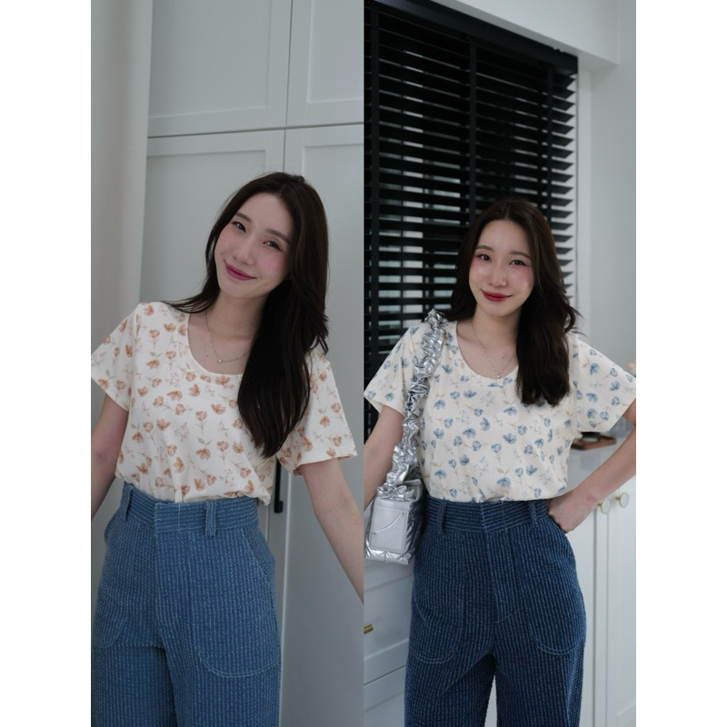 เสื้อยูพื้นครีม *ลายดอกไม้สีน้ำ*