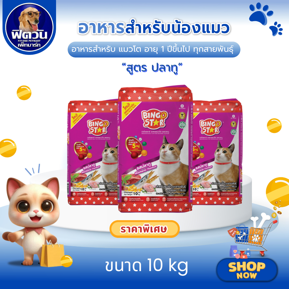 BINGO STAR อาหารเม็ดสำหรับแมวโตทุกสายพันธุ์ รสปลาทู ขนาด 10 กิโลกรัม{อาหารแมวเม็ด}