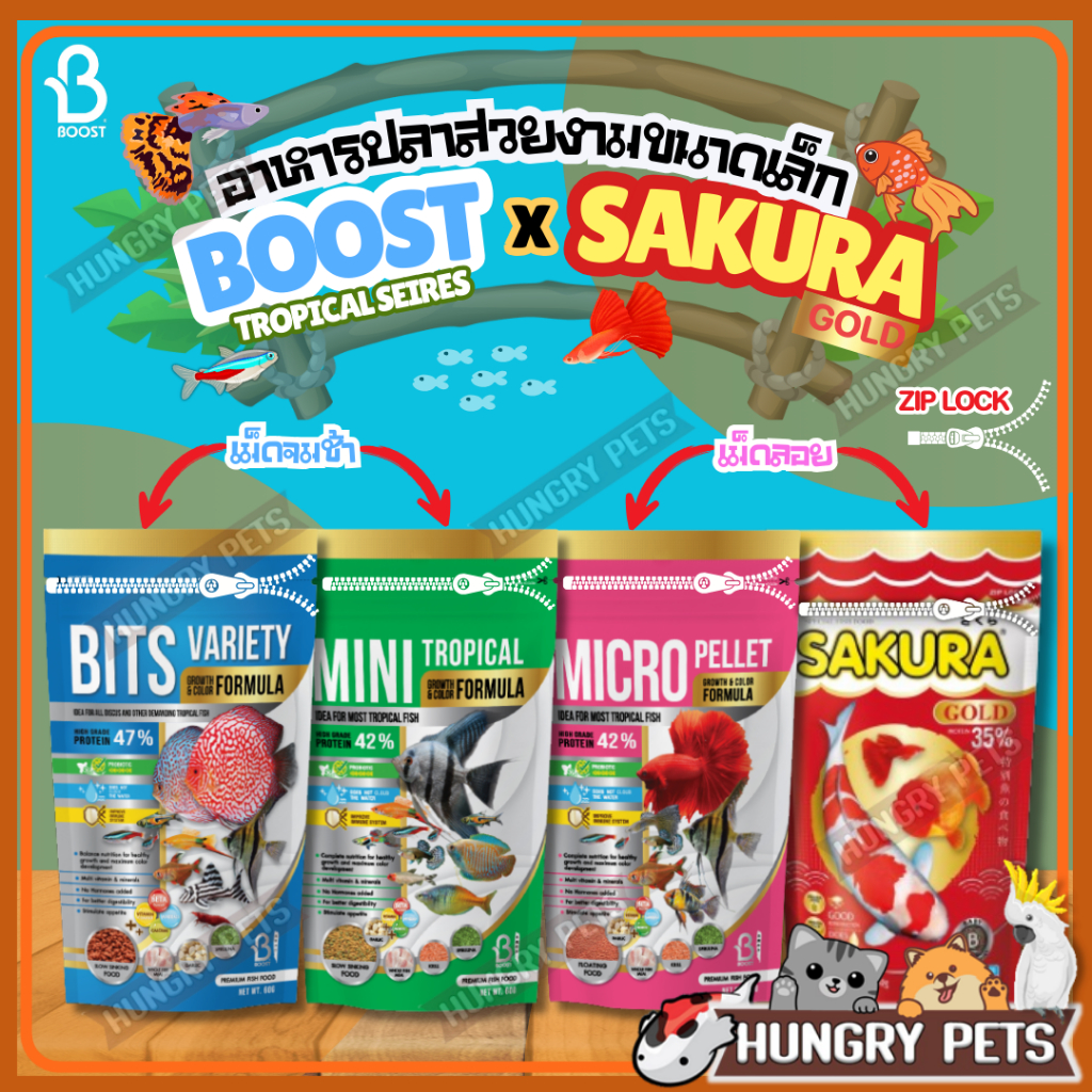 ซองซิปล็อค.EXP.03/2026 อาหารปลาเล็ก เกรดพรีเมี่ยม Boost Tropical Series 60 g. และ Sakura Gold 50 g.