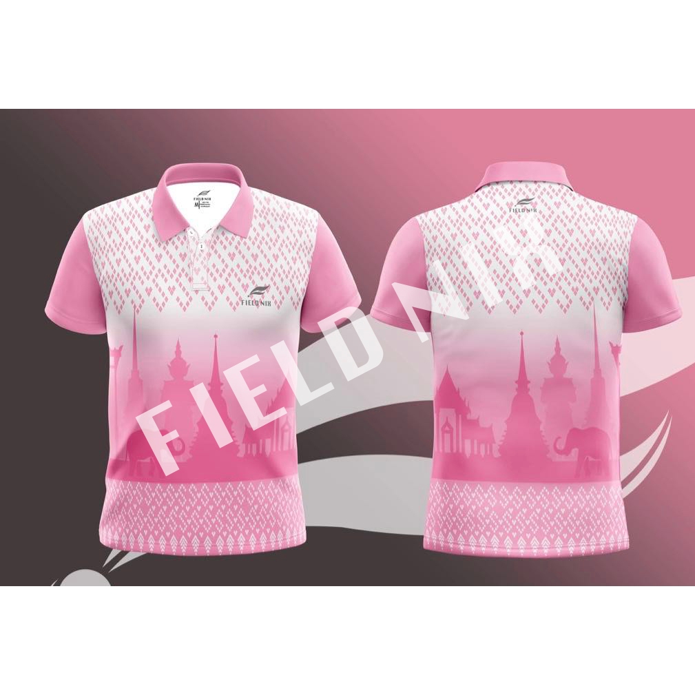 FIELDNIX พร้อมส่ง โปรดระวังของลอกเลียนแบบ #เสื้อลายขอ เสื้อโปโลพิมพ์ลาย สีชมพู ผ้ากีฬา