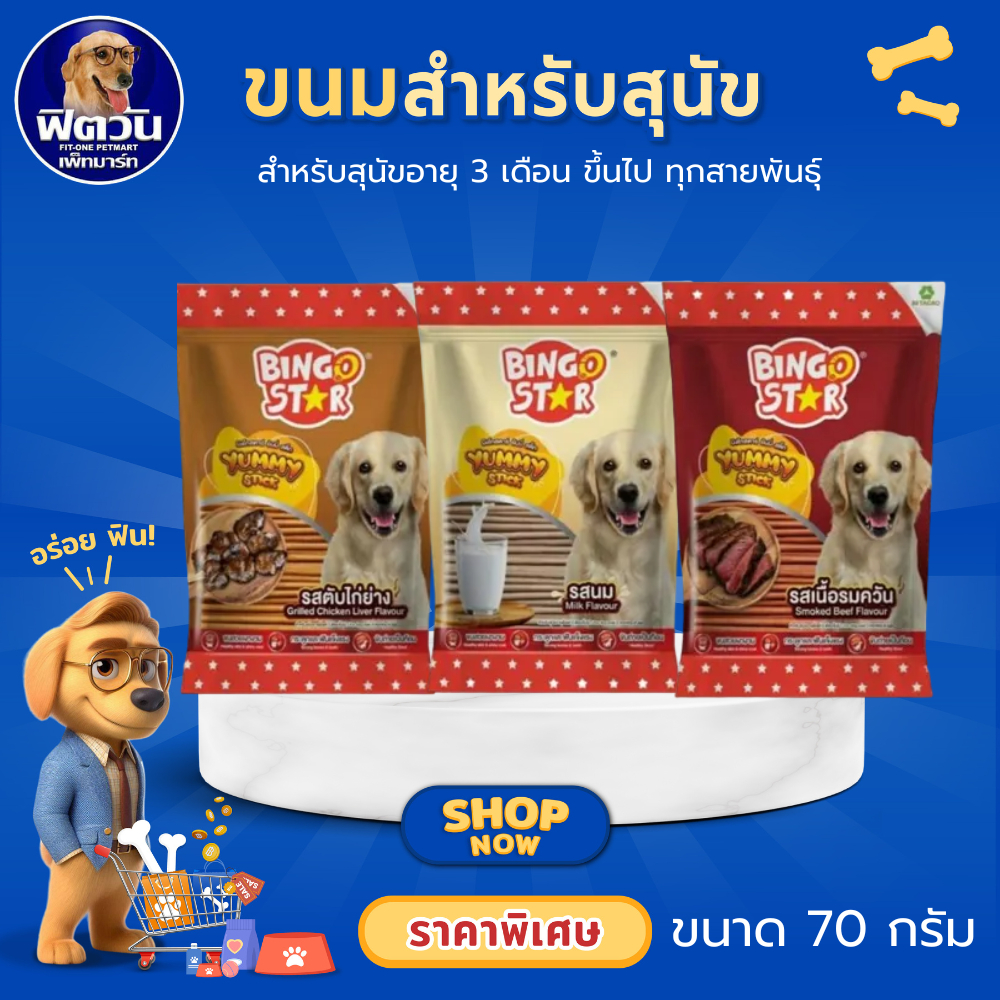Bingo Star ยัมมี่สติ๊กขนมสุนัข มีให้เลือกหลายรส ขนาด 70 กรัม{ขนม}