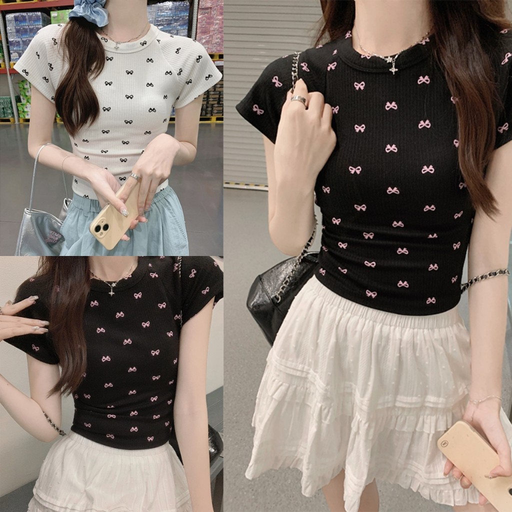Beryl เสื้อยืดคอกลมแขนสั้นพิมพ์ลายย้อนยุคเกาหลีย้อนยุคฤดูร้อนใหม่เก๋ไก๋ ตกแต่งโบว์
