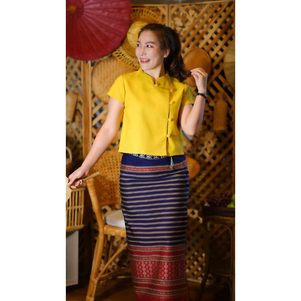 ผ้าฝ้ายทออัดกาว สีเหลือง กระดุมจริงแกะได้