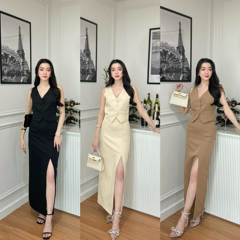 P341Justin Set jเซ็ตเสื้อกั้กกระโปรงยาวTeerakan