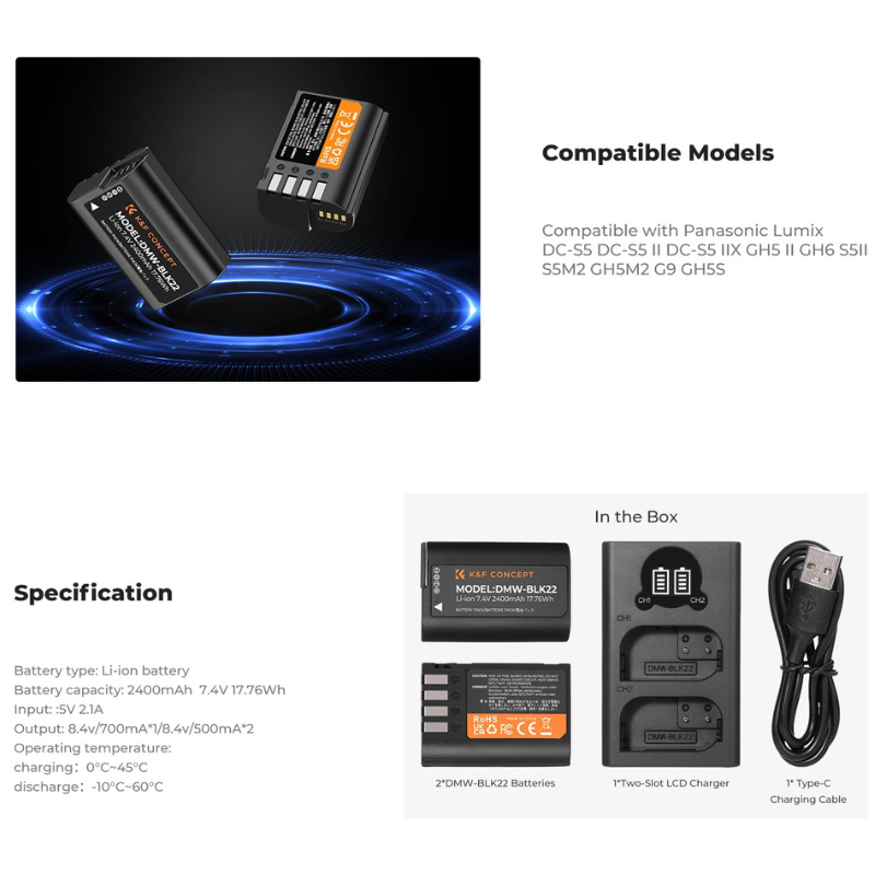 K&F DMW-BLK22 Charger LCD Screen and 2 Pack Battery