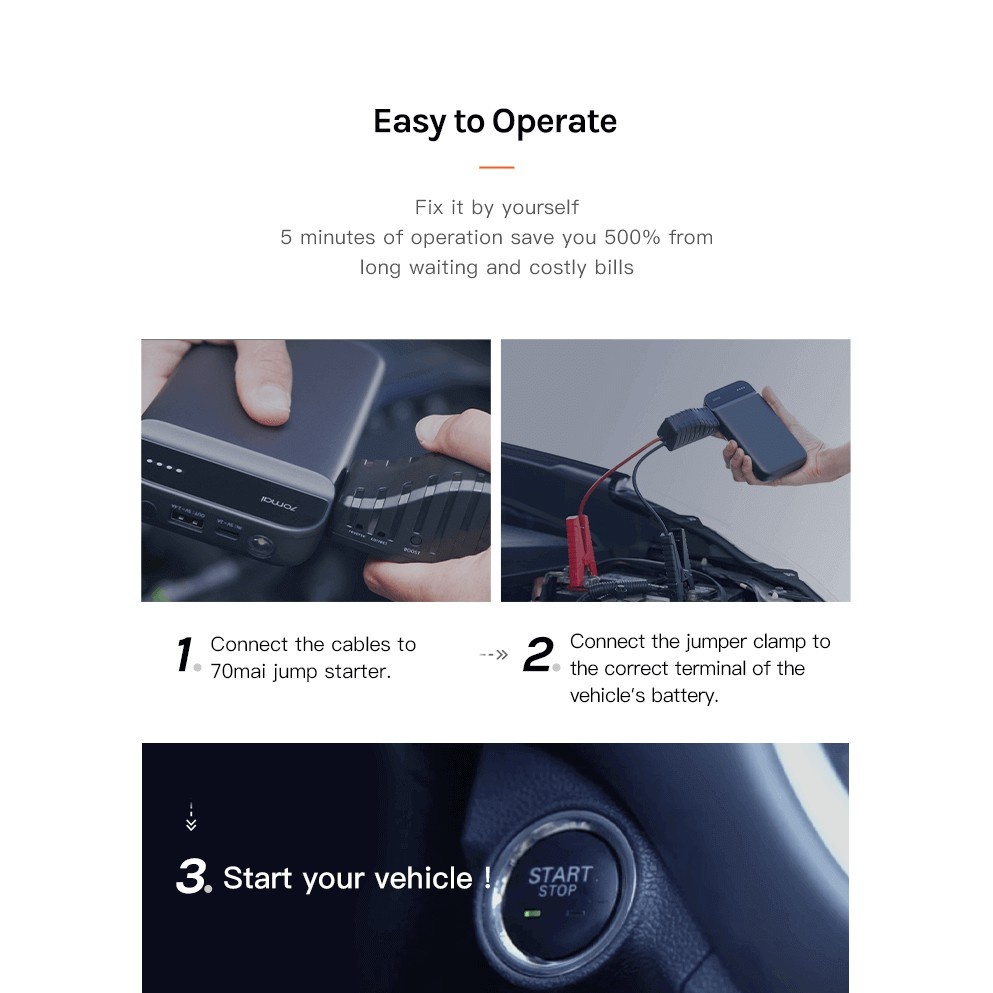 70mai Jump Starter PS01 Portable Car Jump Starter จั้มสตาร์ทรถยนต์ แบตเตอรี่ เป็น จั้มสตาร์ทรถยนต์ ได้ เครื่องชาร์จรถยนต - รูปที่ 3