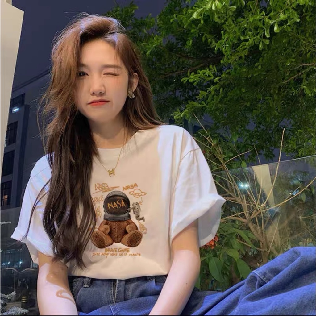 MKL เสื้อยืด คอกลม แขนสั้น ผ้านิ่ม ลายตุ๊กตาหมี สไตล์เกาหลี #9612