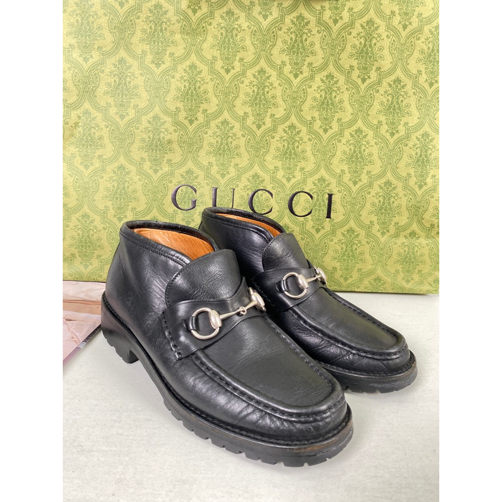 รองเท้าแบรนด์ Gucci Black High-top Horsebit Loafer Boots Black