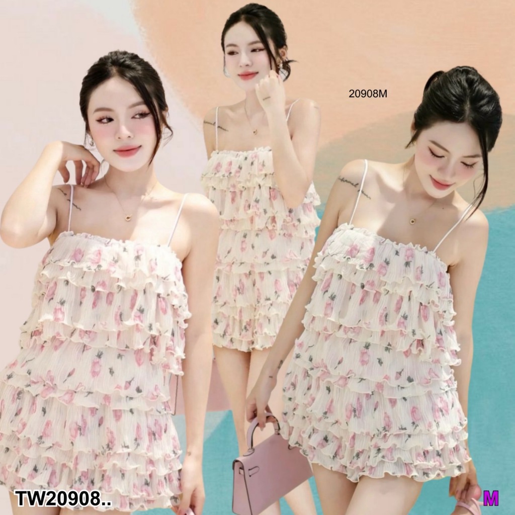 PP20908 เดรสผ้าอัดพีทลายดอกไม้พิมพ์ลาย