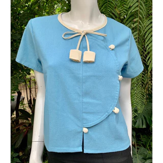 เสื้อสีฟ้า ผ้าฝ้ายพื้นเมือง ผูกเชือกทิวลิปเก๋ๆร่วมสมัยใส่ออกงาน ใส่ทำงานได้