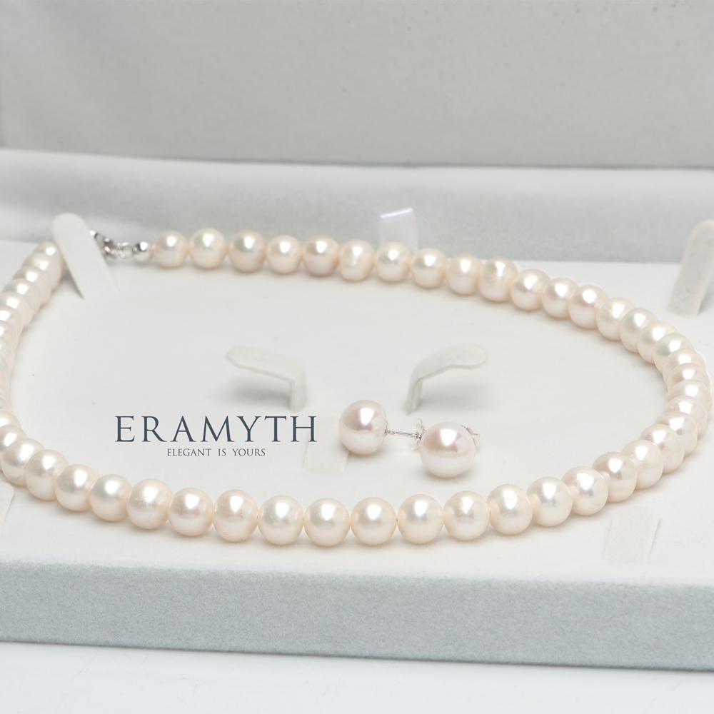 Eramyth : เซ็ตสร้อยคอต่างหู เงินแท้92.5 มุกแท้คัดเกรด 9-10mm ชุบสีทองคำขาว ENP-0001-Rw-45 (พร้อมส่ง,