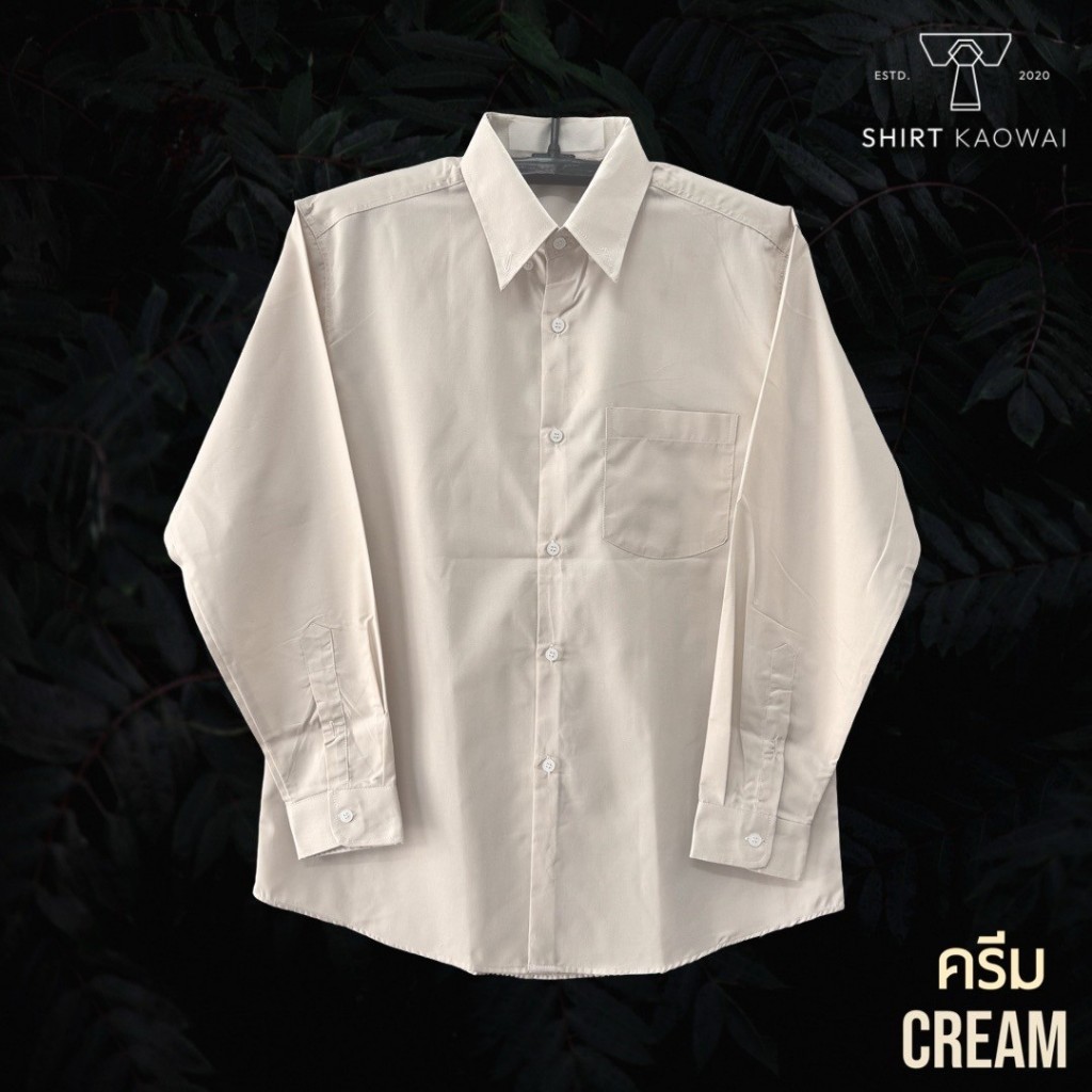 เสื้อเชิ้ตแขนยาว ผู้ชาย คอปกมีกระดุม ทรงตรง สีครีม (Cream) ผ้าคอมพ์ทวิว(Comb Twill) คนอ้วน ตัวใหญ่มีไซส์ (M-6XL)