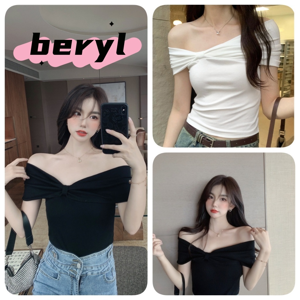 Beryl 🌻เสื้อเปิดไหล่ข้างเดียวไม่สม่ำเสมอ🎀🎀เสื้อยืดผู้หญิงฤดูร้อนแขนสั้นทรงสลิมสไตล์ฝรั่งเศส