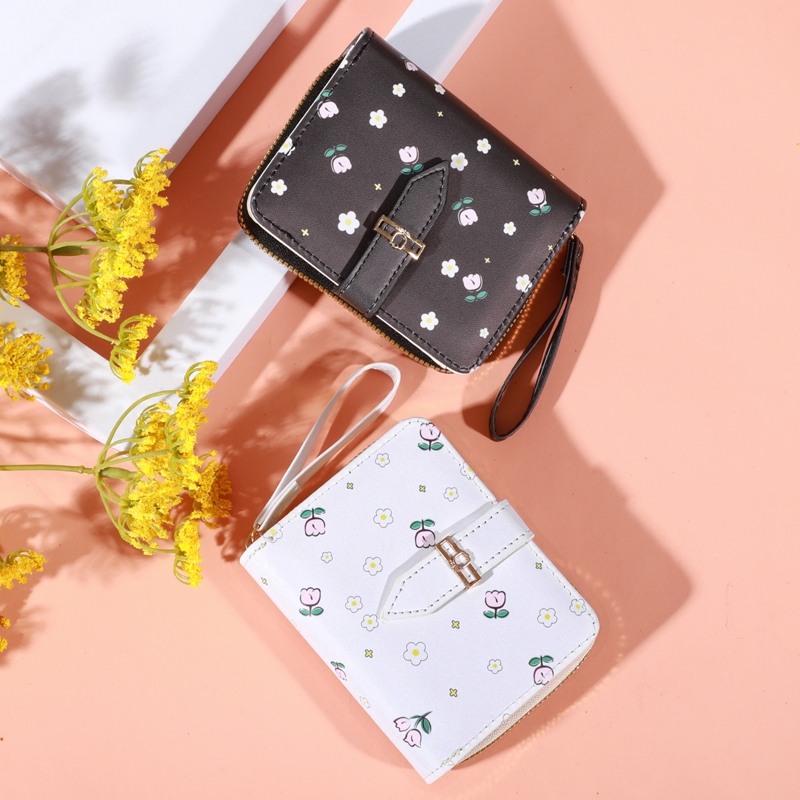 XK-147 กระเป๋าสตางค์มินิมอล สีสดใส พกพาสะดวก ขนาดเล็กแบบพกพา พร้อมช่องใส่บัตร -น่ารัก -flowers