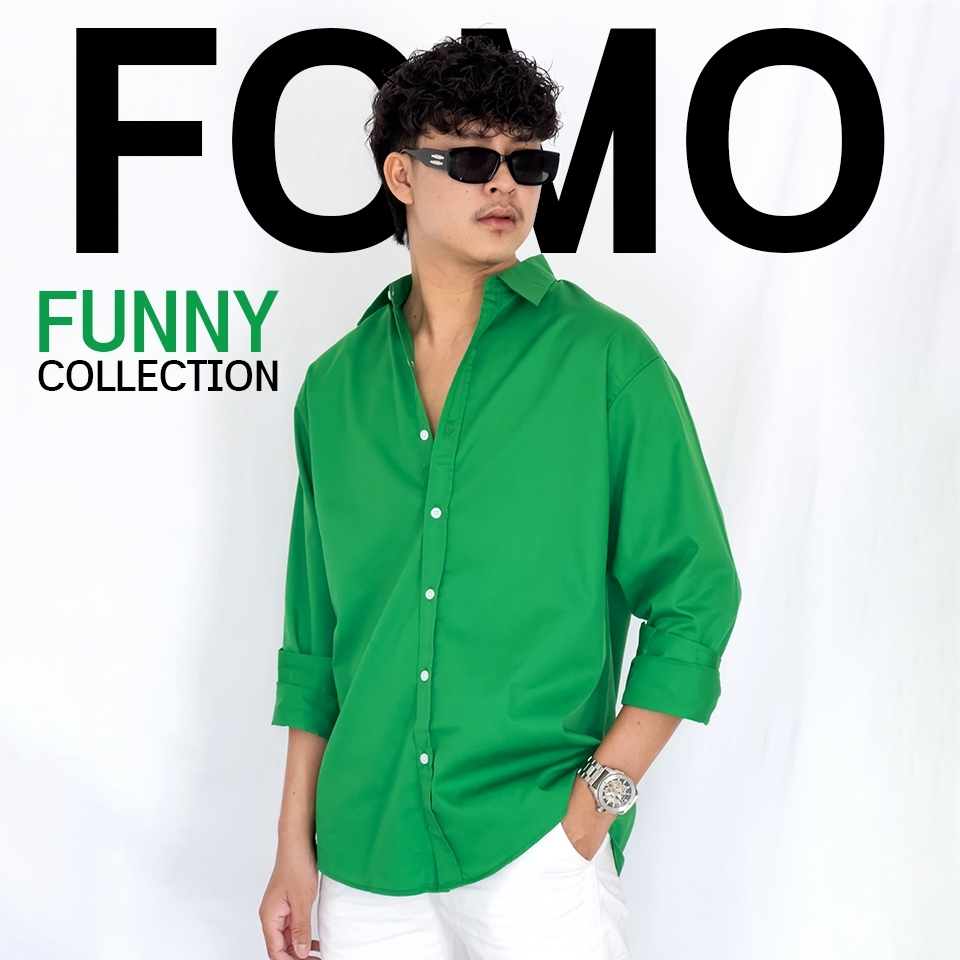 Fomo-เชิ้ตแขนยาว สีเขียวแคลลี่ เชิ้ตสีสด สีเชิ้ตสีเขียว เสื้อเชิ้ตคัลเลอร์ฟูล