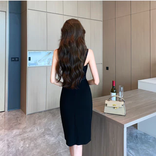 616 เดรสกลาง พร้อมฟองน้ำในตัว ไม่ต้องสวมชุดชั้นใน ไตล์เกาหลี แขนกุด เอวสูง กระโปรงทรงเข้ารูป