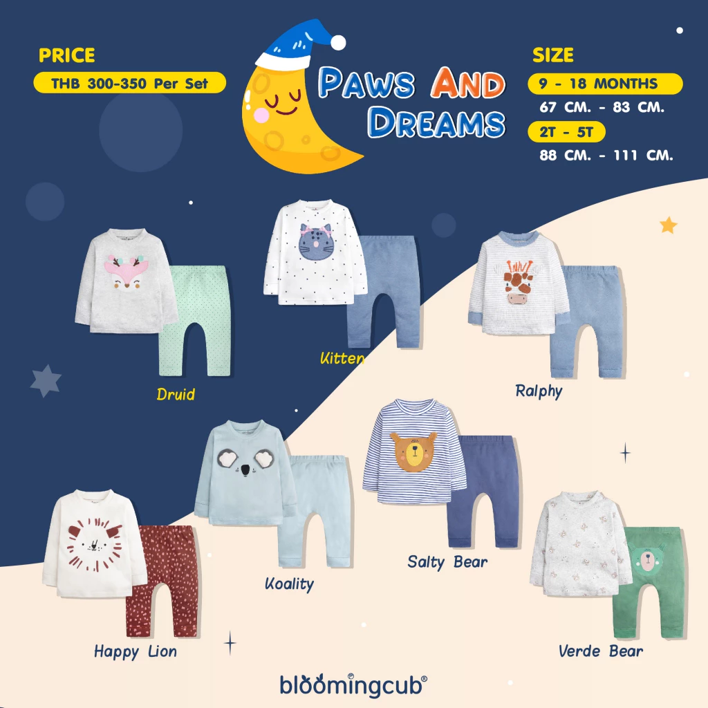 Bloomingcub Collection Pows and dreams ชุดนอนแขนยาวขายาว ผ้า 100% Cotton นุ่มสบาย ระบายอากาศดี