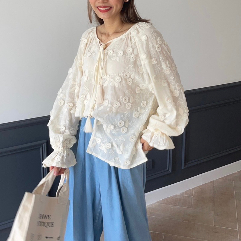 CHAWY Lace minimal shirt C3895 เสื้อเชิ้ตลูกไม้ เชิ้ตแขนยาว