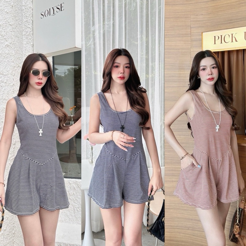 จั๊มสูทขาสั้น สีพื้น / ลายริ้ว ทรงโอเวอร์ไซส์ มีกระเป๋าข้าง สวยชิคๆ #SHN