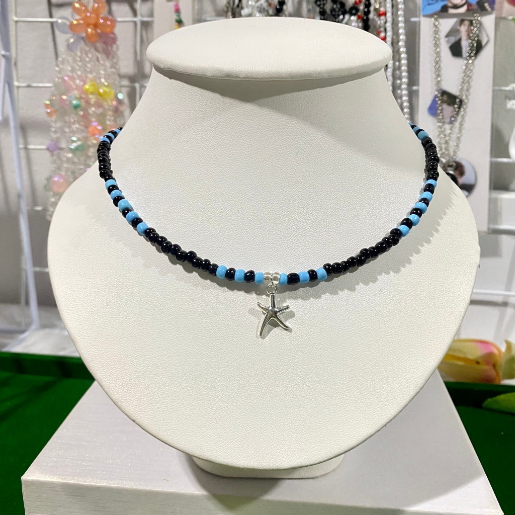 สร้อยคอลูกปัดสีดำจี้ปลาดาวสีเงิน สร้อยคอผู้ชายจี้ดาว สร้อยคอพร้อมส่งจี้ปลาดาว สร้อยคอแฟชั่นมีจี้