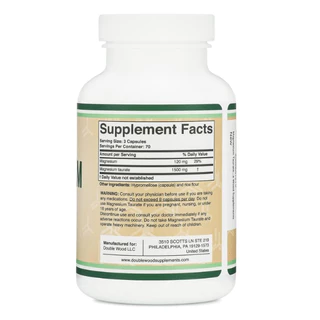 ลดเกร็งกล้ามเนื้อพักผ่อนสบาย Double Wood Magnesium Taurate 1500mg,210 Vegan Capsules (No.3206)