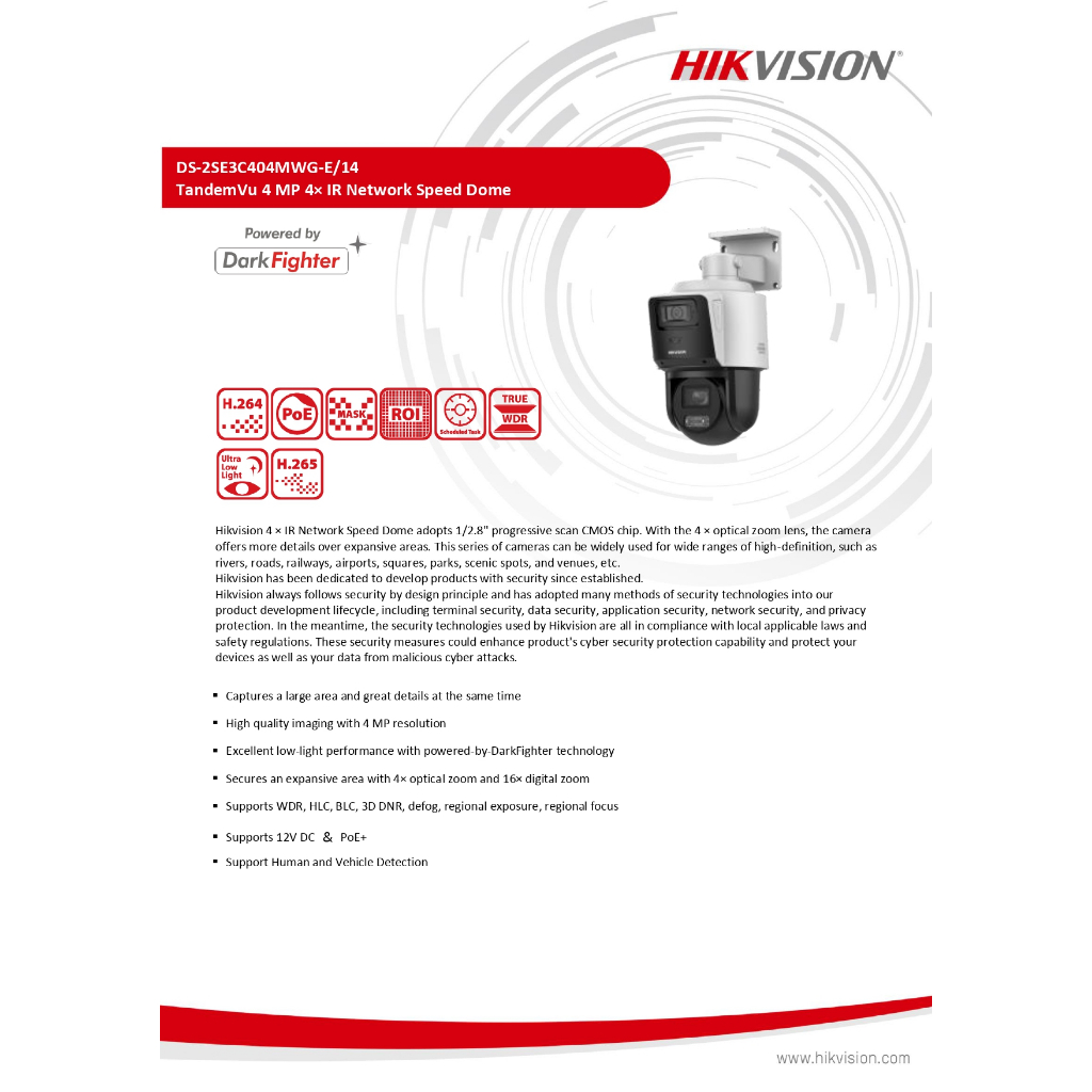 Hikvision กล้องวงจรปิด TandemVu 4MP+4MP 4X POE PTZ Network รุ่น DS-2SE3C404MWG-E/14 เลนส์ 2.8mm