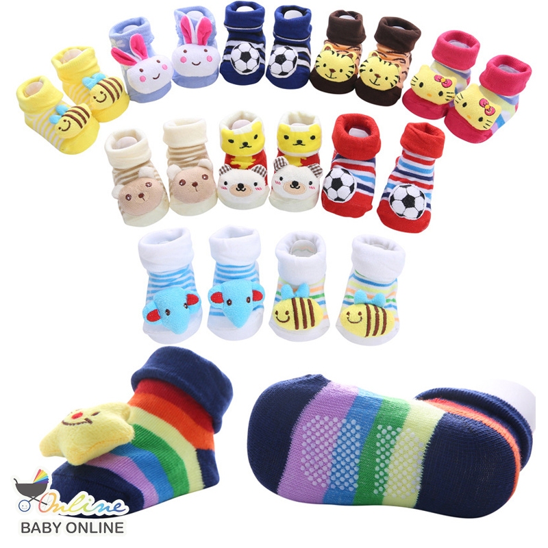 Babyonline(Y332)H3 ถุงเท้าผ้าฝ้ายหัวการ์ตูนข้อยาวสำหรับเด็กแรกเกิด มีกันลื่น