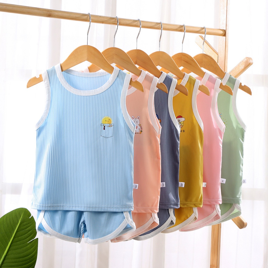 Babyonline(Y043)C2 (ส่งด่วน1วัน)ชุดเซ็ตเสื้อกล้ามกางเกงขาสั้นสำหรับเด็กลายการ์ตูนผ้าฝ้าย ผ้าร่อง นิ่ม พริ้ว