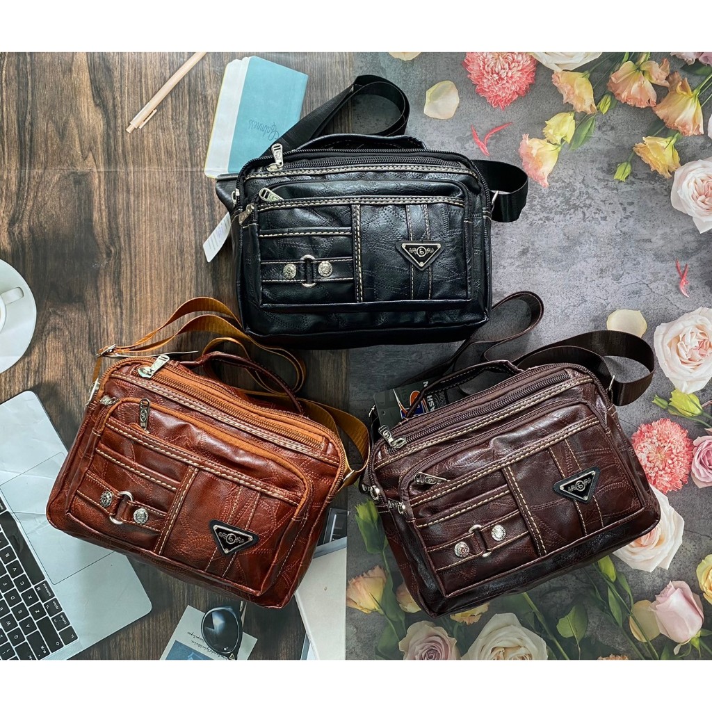 กระเป๋าสะพายข้างหูถือหนังปัก สะพายข้างพ่อค้า แม่ค้า