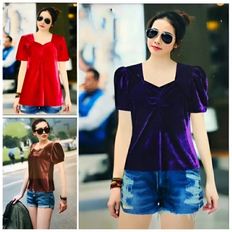 ้เสื้อกํามะหยี่แฟชั่น เสื้อคอเหลี่ยมแขนสั้นSize M - 3XL