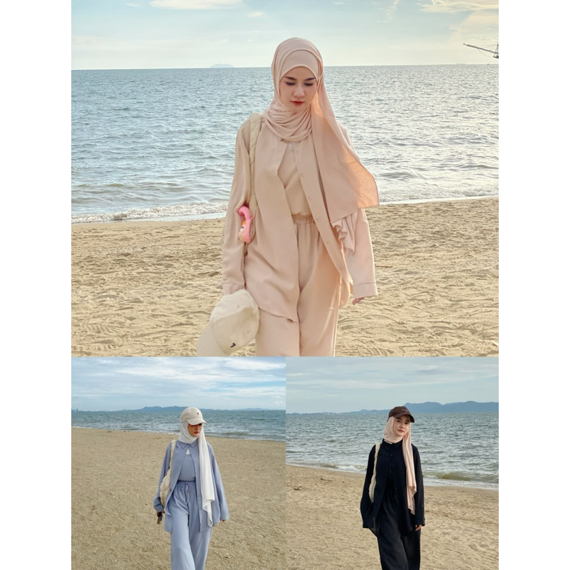 (พร้อมส่ง ) Sea Set ~ ชุดเซตกางเกง 3 ชิ้น สีพื้น