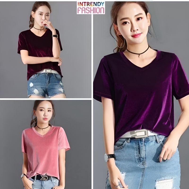 พร้อมส่ง.เสื้อกํามะหยี่คอวี ผ้าดีเกรดพรีเมี่ยม รุ่นคอวี แขนสั้น Size:M - L.