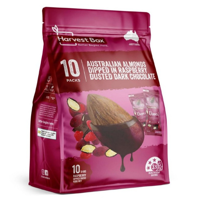 Harvest Box Australian Almonds Dipped In Raspberry 400g. (10 Pack) ฮาร์เวสท์บ๊อกซ์ อัลมอนด์