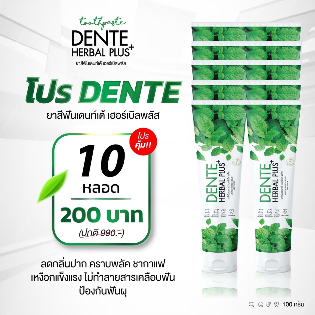 DENTE ยาสีฟันเดนท์เต้ 10 หลอด 200 บาท ยาสีฟันกลิ่นเปปเปอร์มินต์ ป้องกันฟันผุ ขนาด 100g