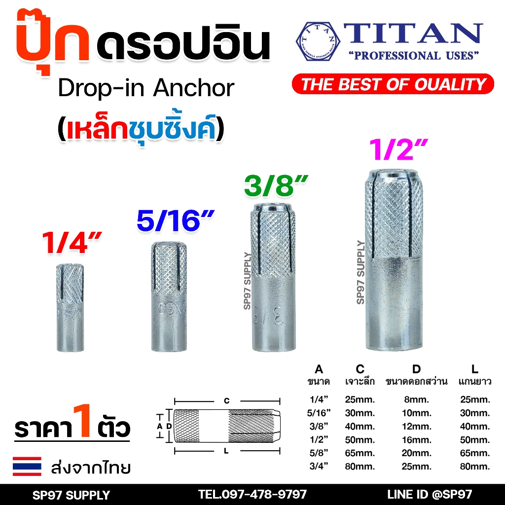 TITAN พุ๊กดรอปอิน (ดรอปอินเหล็ก) พุกฝัง พุกดรอปอิน พุกDI 1/4 5/16 3/8 1/2 ปุ๊กเหล็ก ปุ๊ก Drop In (ราคา1ตัว)