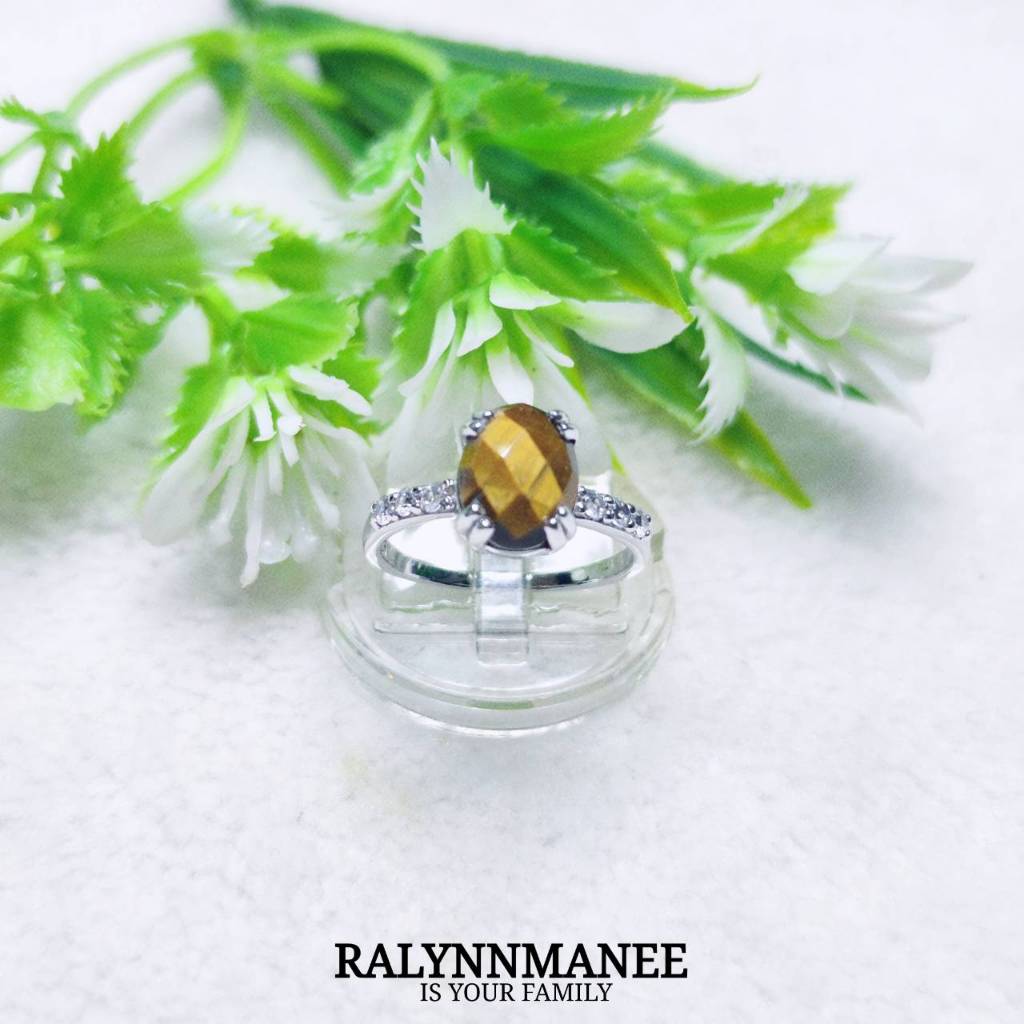 D6468 แหวนพลอยไทเกอร์อายแท้ ( Natural Tiger eye ) ตัวเรือนเงินแท้925 ชุบทองคำขาว ไซส์55แก้ไซส์ฟรี